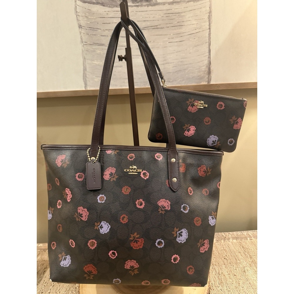 Coach Primrose Floral Print Logo Signature City Tote PVC‎ Leather & Wristlet Set